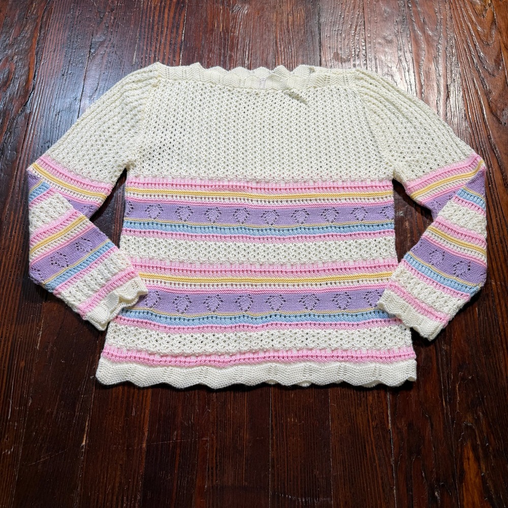 Vintage 90s Arielle Sweater Womens M Ivory Pastel Striped Pointelle Knit USA